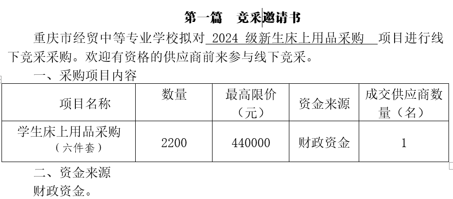 学校2024级新生床上用品采购招标公告